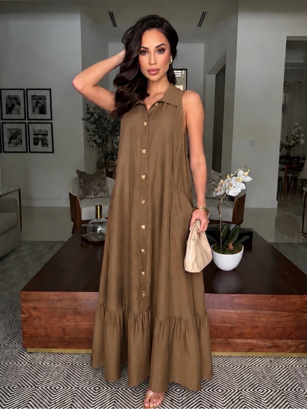 NWT Sleeveless Button-Front Pocketed Maxi Dress in Mocha | Summer Maxi Dress